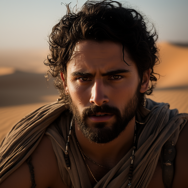 圣徒，清晰的五官，汗如雨下，完美构图，虔诚的眼神，无尽的沙漠，超高清分辨率，古典风格，神秘，阳光直射，沙粒粗糙，阳光